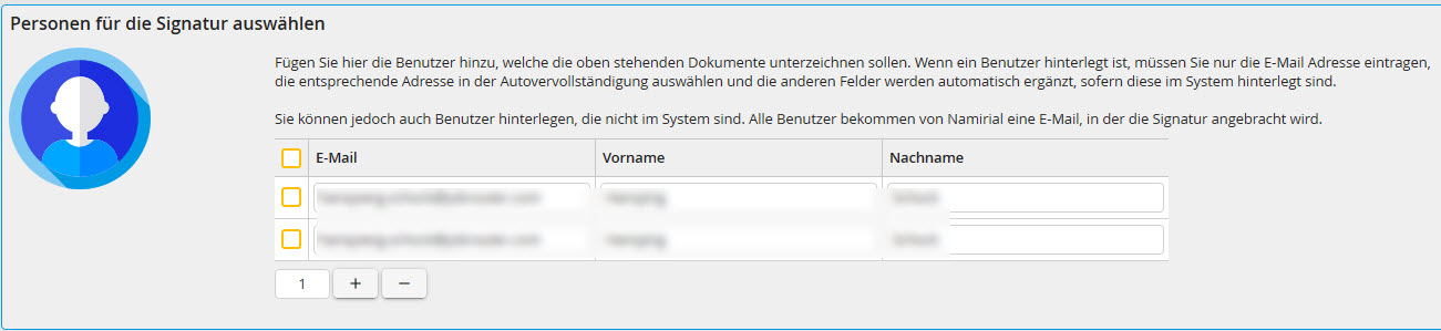 Personen für die Signatur auswählen