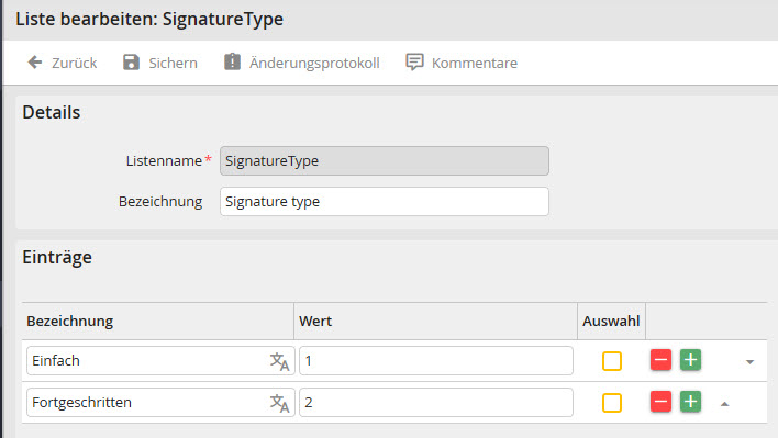 Liste SignatureType